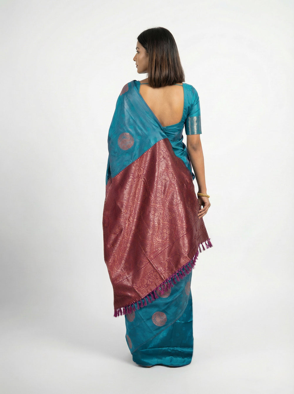 Semi Silk Peacock Blue Saree with Upper Paisley Butta Design and Wine Blouse