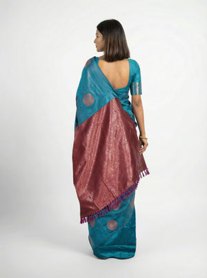Semi Silk Peacock Blue Saree with Upper Paisley Butta Design and Wine Blouse