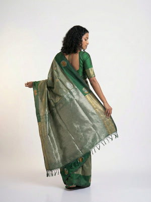 Art Silk Olive Green Floral Printed Saree with Contrast Border
