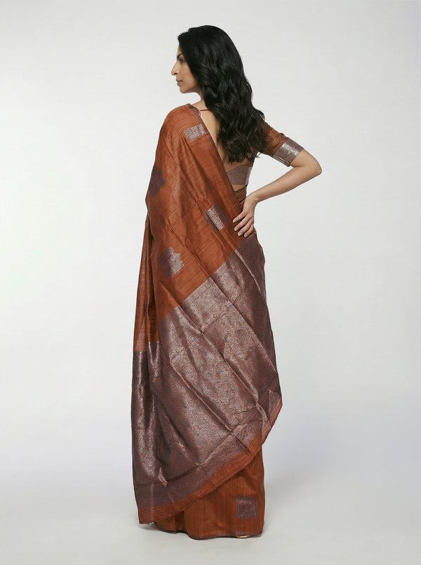 Semi Silk Women’s Brick Colour Saree with Geometric Box Pattern