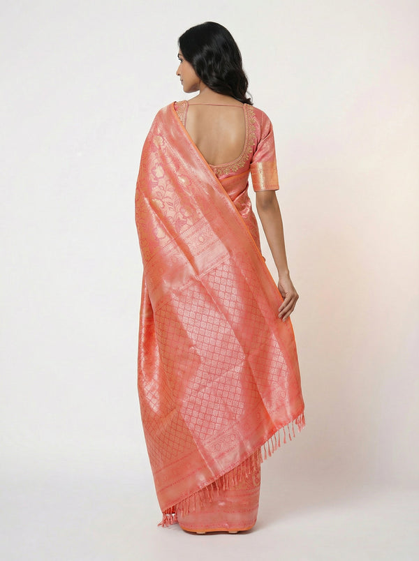 Semi Silk Carrot Peach Elegant Saree