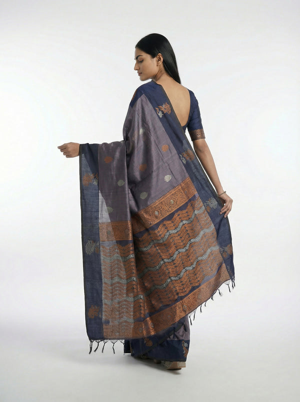 Art Silk Blue Butta Printed Saree with Contrast Border
