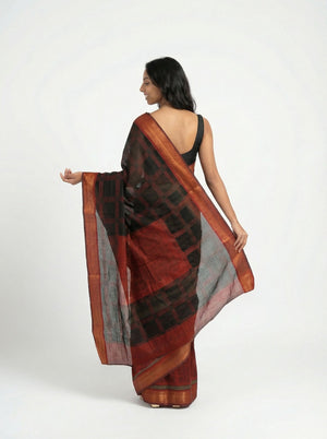 Chanderi Cotton Black Rust Striped Saree