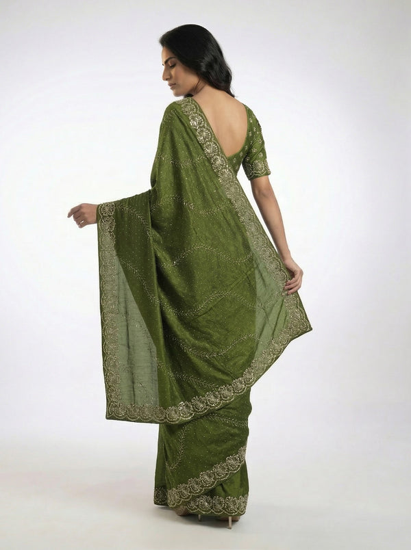 Vijithra Silk Dark Olive Green Stone Work Designer Saree