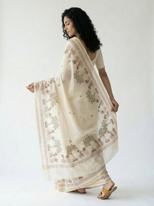 Cotton Off White Saree with Village Scene Print Design