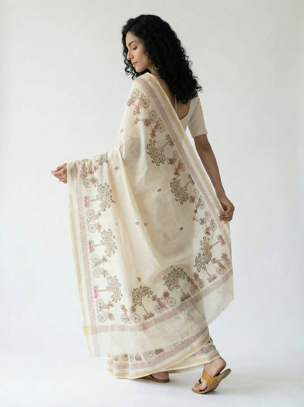 Cotton Off White Saree with Village Scene Print Design