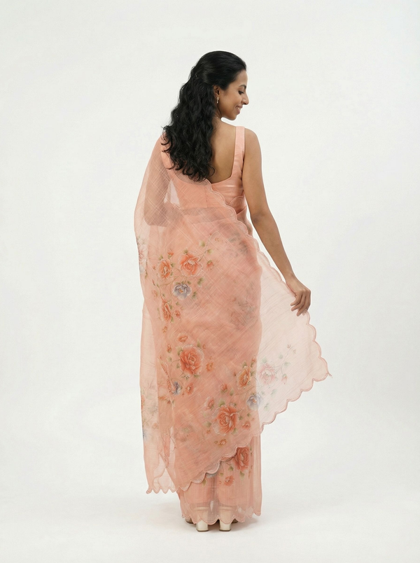 Organza Soft Peach Embroidered Saree