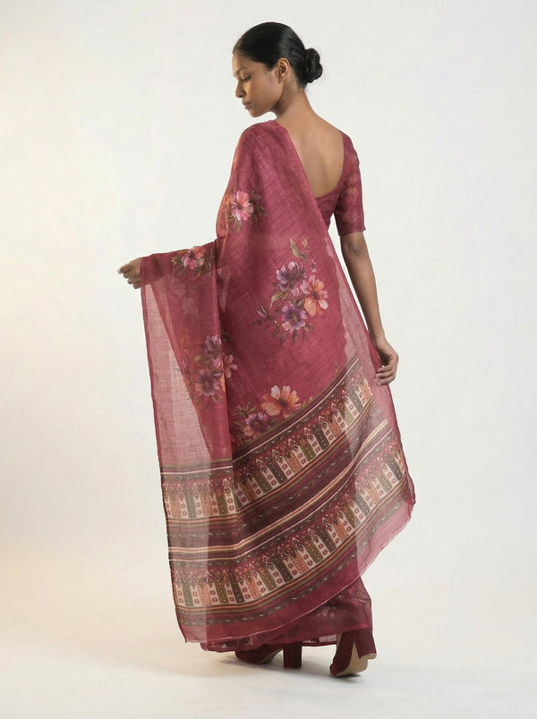 Cotton Saree in Deep Rose Pink with Floral Print and Ethnic Pallu