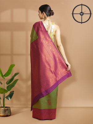 Parrot Green Art Silk Saree With Copper Thread Work Over Body And Purple Border
