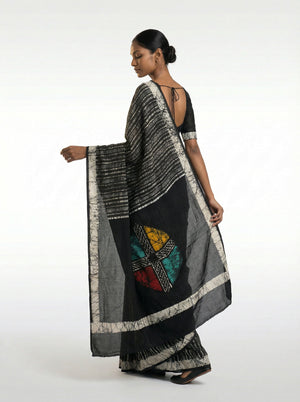 Cotton Black Modern Abstract Stripe Saree for Women