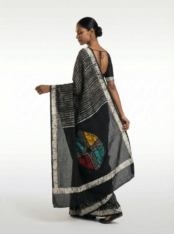 Cotton Black Modern Abstract Stripe Saree for Women