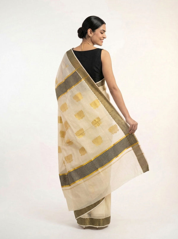 Tissue Cream with Golden Butta and Checked Border Pattern Onam Special Kerala Saree