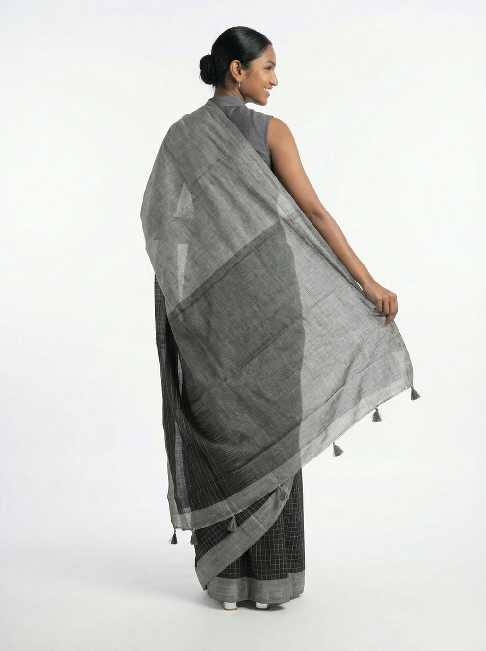 Cotton Ash Grey Saree With Black Checked Border