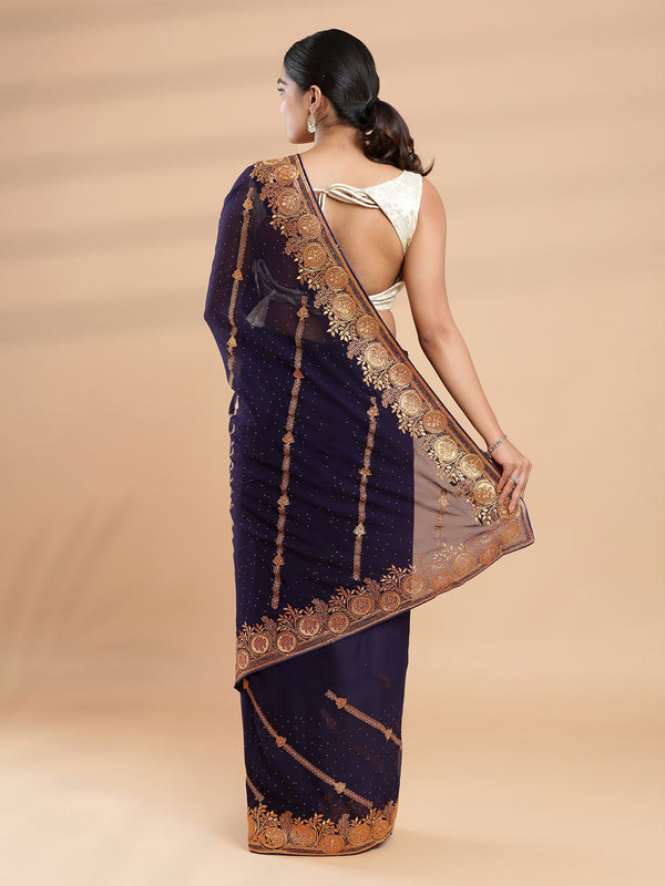 Navy Blue Color Georgette Saree With  Golden Embroidery Stripes & Mini stone Work On Body
