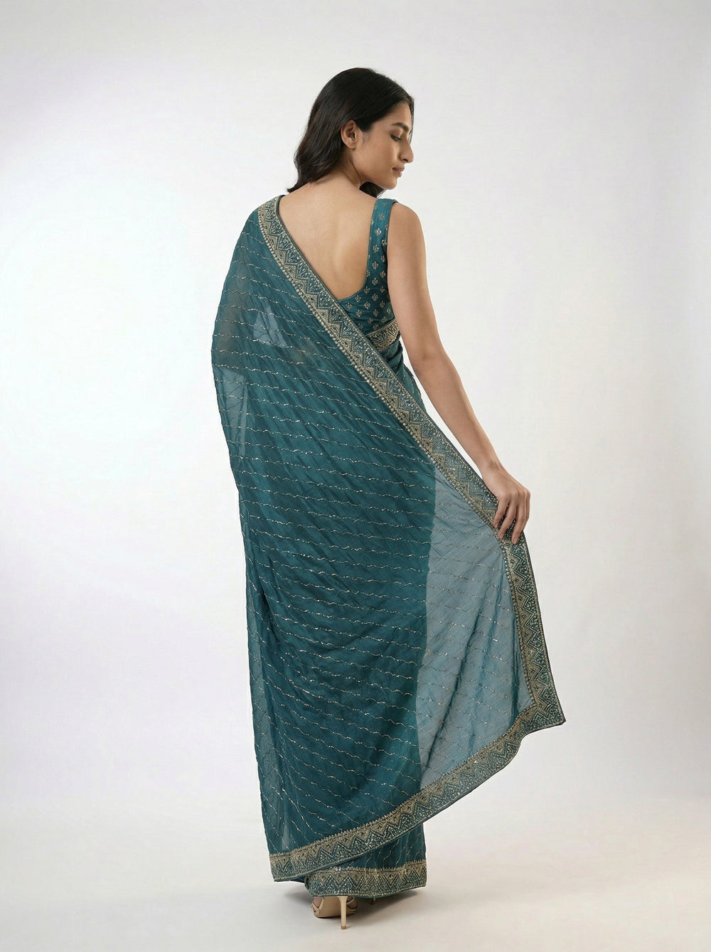 Vichitra Silk Peacock Blue Wave Design Stone Work Designer Saree
