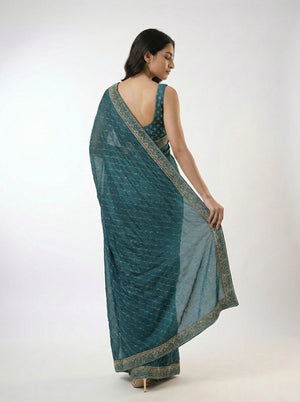 Vijithra Silk Peacock Blue Wave Design Stone Work Designer Saree