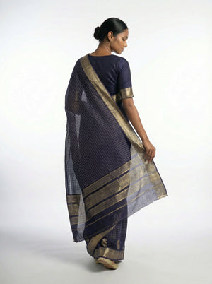 Cotton Purple Saree with Gold Checkered Weave and Zari Border