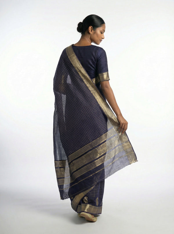 Cotton Purple Saree with Gold Checkered Weave and Zari Border