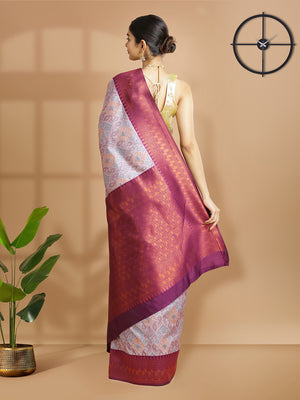 Light Lavender Art Silk Saree With Ikat Design Over Body And Purple Border