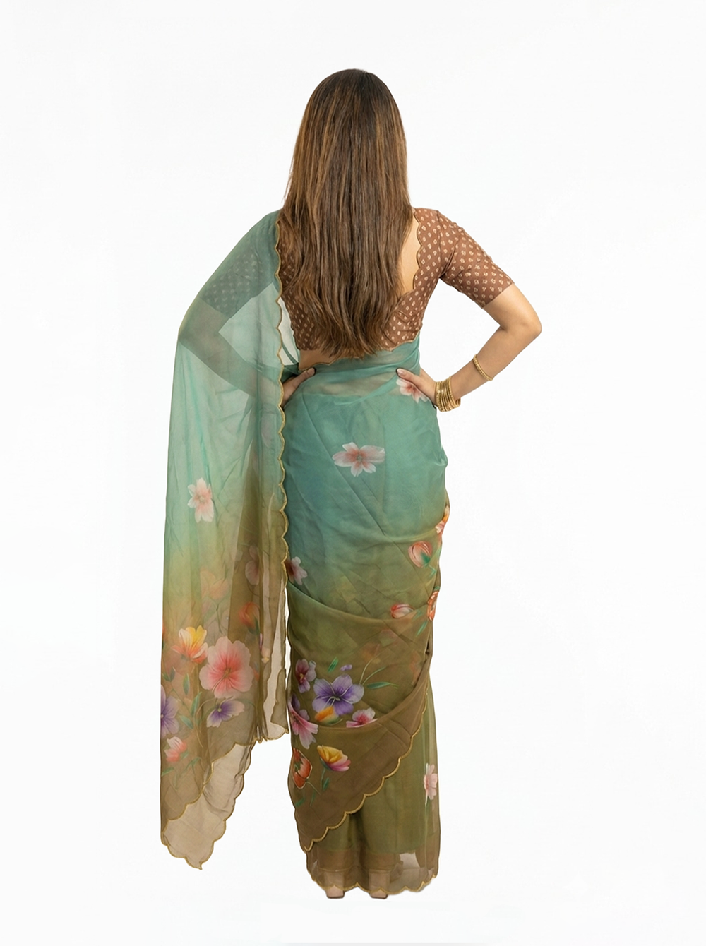 Chiffon Teal Brown Ombre Floral Printed Designer Saree