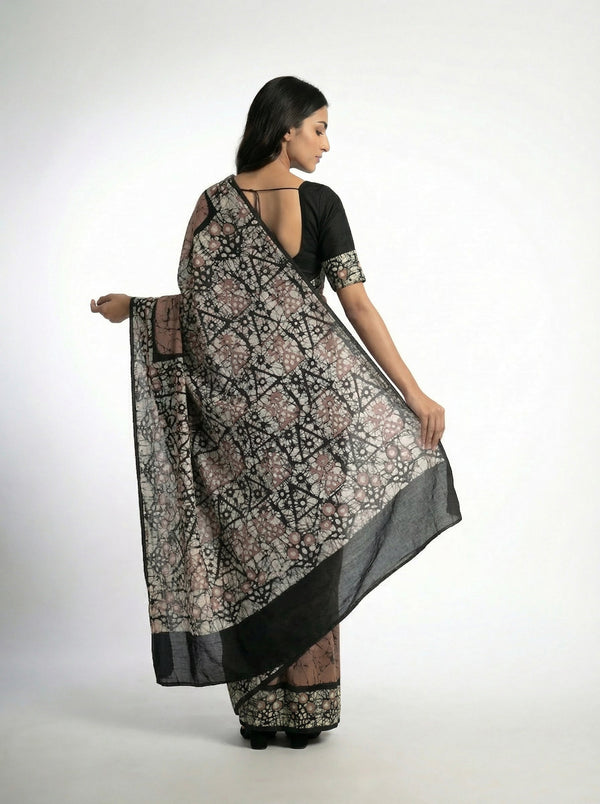 Cotton Coffee Brown Saree with Artistic Batik Design and Printed Pallu