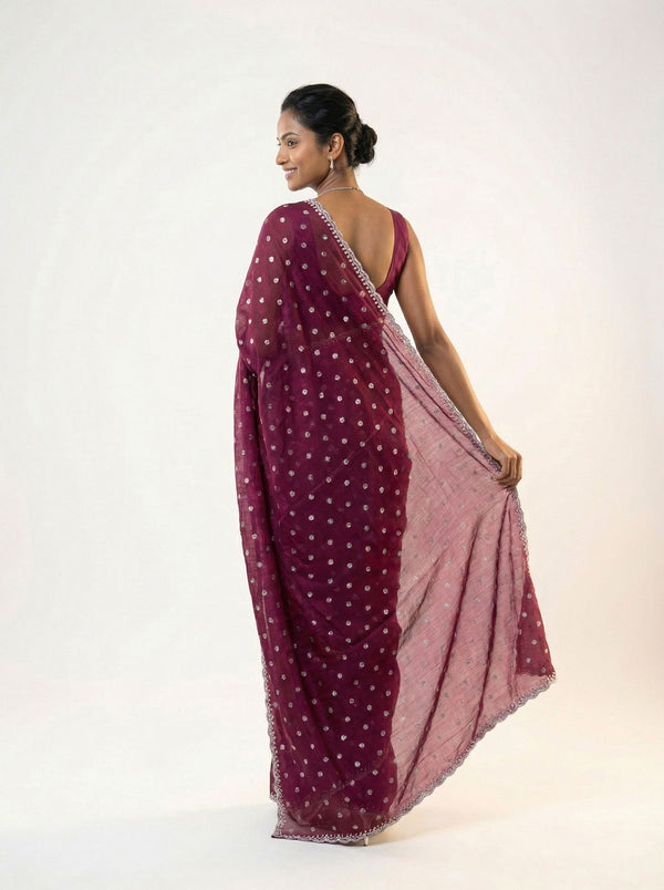 Shimmer Organza Wine Polka Dot Designer Saree with Embellished Border