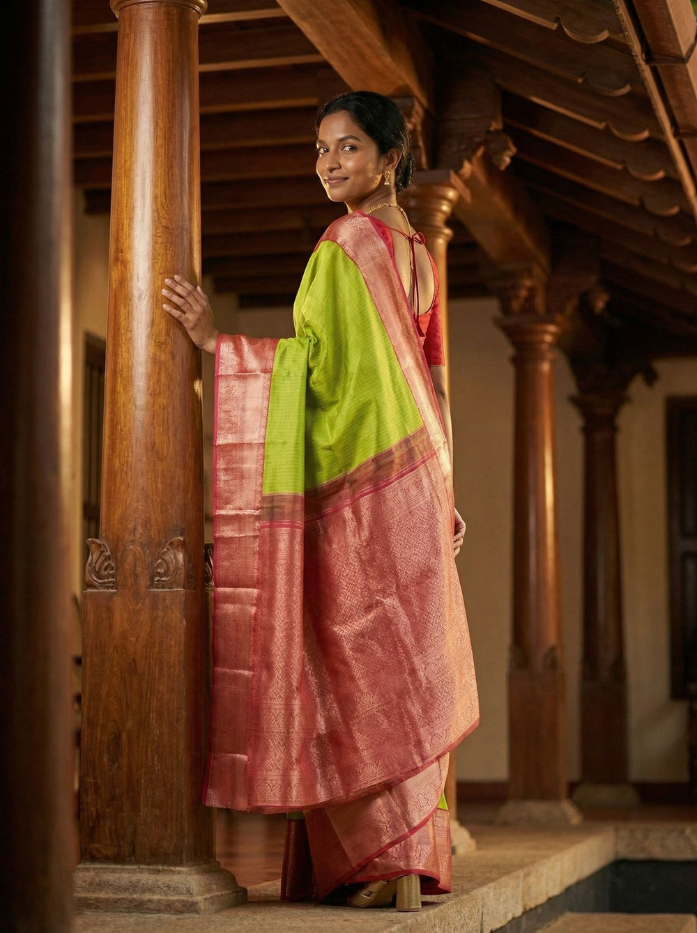 Kanjivaram Pure Silk Parrot Green and Pink Traditional Zari Saree