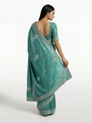 Vijithra Silk Teal Green Feather Motif Stone Work Designer Saree