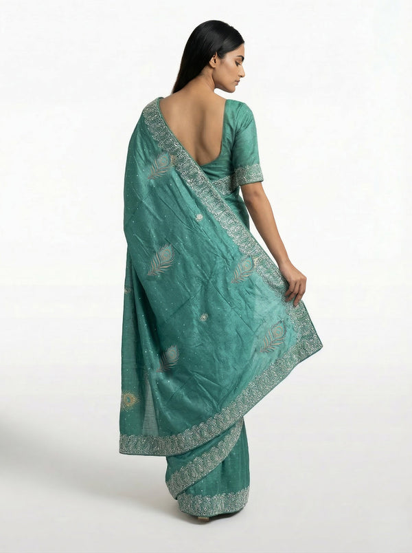Vijithra Silk Teal Green Feather Motif Stone Work Designer Saree