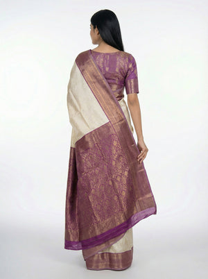 Semi Silk Women’s Off White Saree with Rich Banarasi Floral Pallu