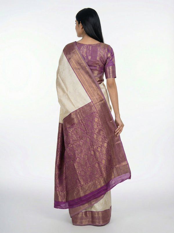Semi Silk Women’s Off White Saree with Rich Banarasi Floral Pallu