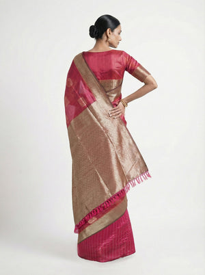 Semi Silk Premium Ruby Pink Saree with Chicku Contrast Blouse
