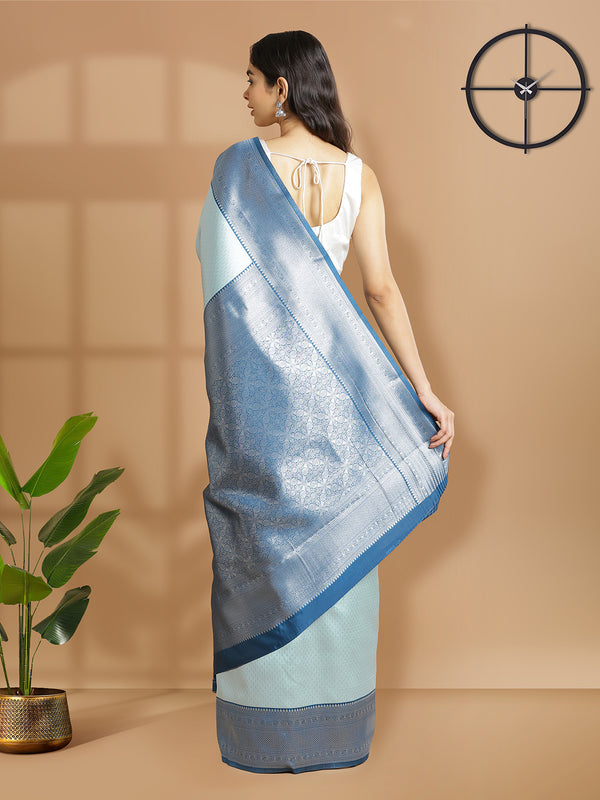Pale Blue Color Silver Woven Designed Art Silk Saree With Peacock Blue Border