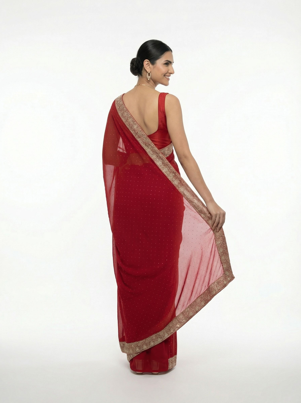 Georgette Classic Red Zari Embellished Designer Saree