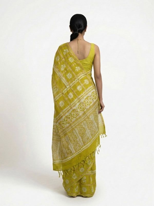 Chanderi Cotton Mustard Yellow Ethnic Print Saree