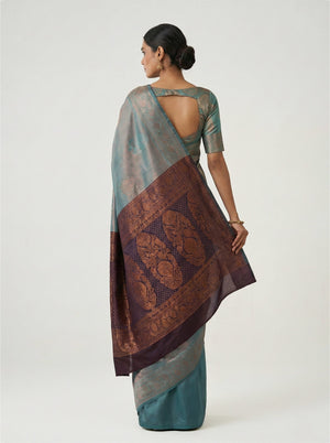Semi Silk Powder Blue Festive Wear Saree with Designer Floral Buttas