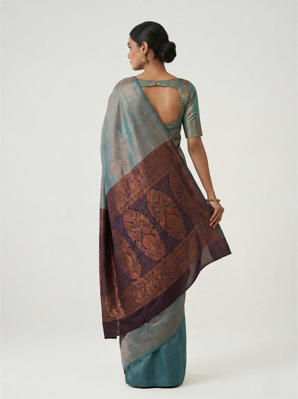 Semi Silk Powder Blue Festive Wear Saree with Designer Floral Buttas