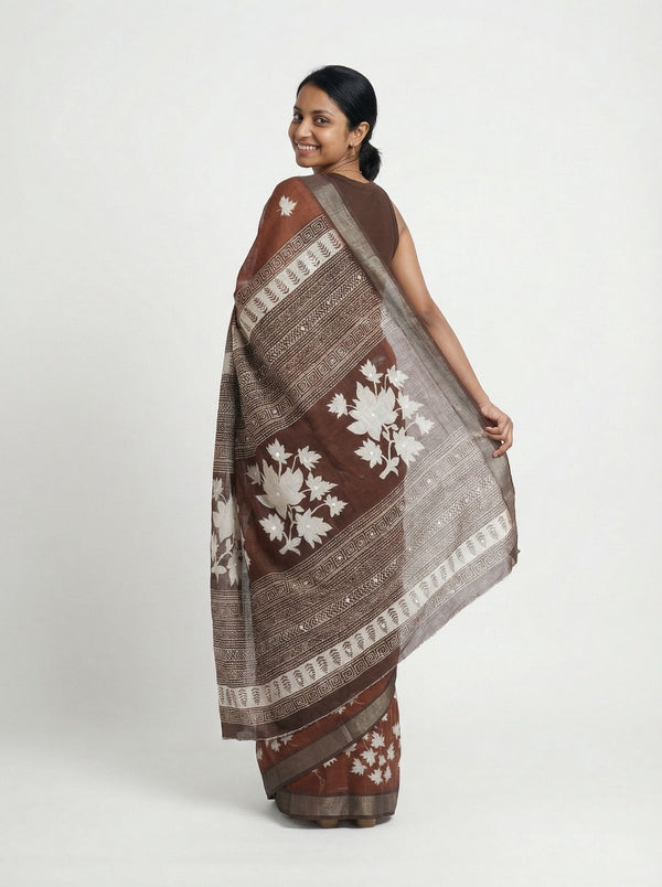 Chanderi Cotton Brown Floral Printed Pattern Saree