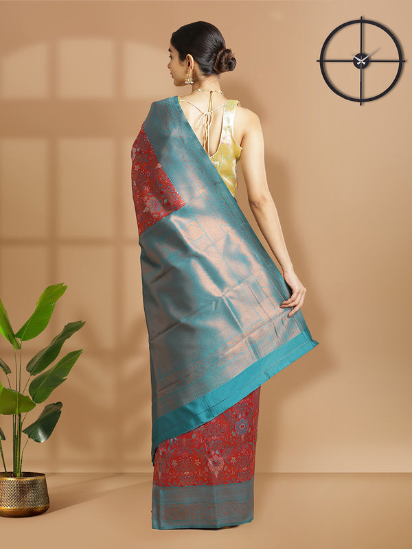 Maroon With Copper Tissue Saree With Floral Design And Peacock Green Border