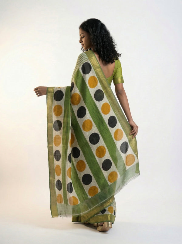 Cotton Green Stripe Pattern Saree with Contrast Polka Dot Pallu