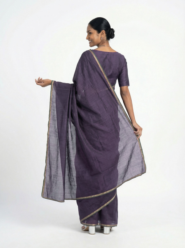 Shimmer Organza Dusty Purple Plain Saree with Minimal Embellished Border