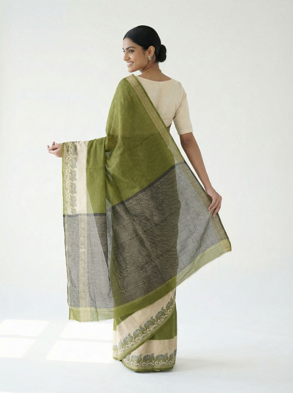 Chanderi Cotton Olive Green And Beige Printed Saree
