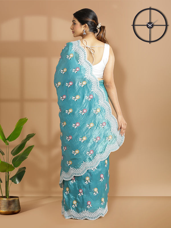 Sea Green Organza Saree With Multi Floral Thread Work Over Body