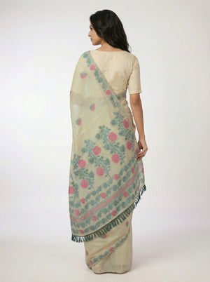 Chanderi Women’s Pastel Green Saree with Double Colour Leaf Motifs