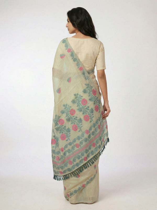Chanderi Women’s Pastel Green Saree with Double Colour Leaf Motifs