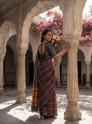 Kanjivaram Pure Silk Grey and Maroon Checked Saree with Mustard Zari Border