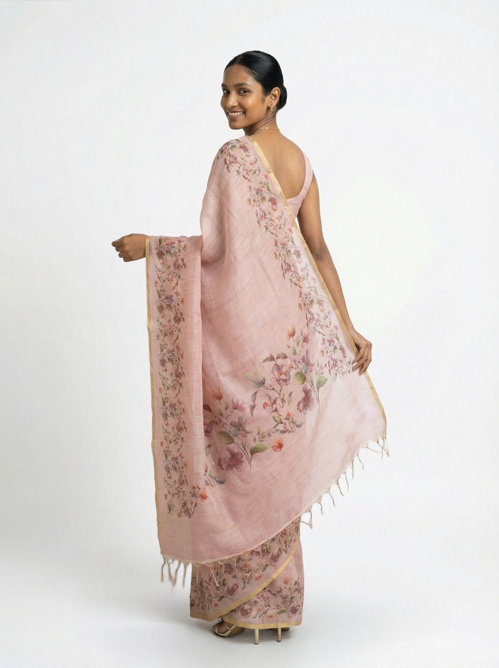 Linen Pink Floral Embroidered Saree