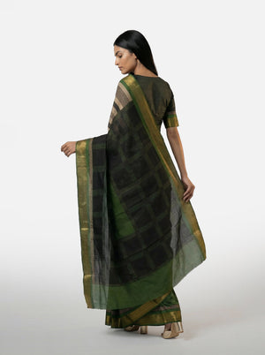 Cotton Beige Black Striped Saree with Traditional Green Border Design