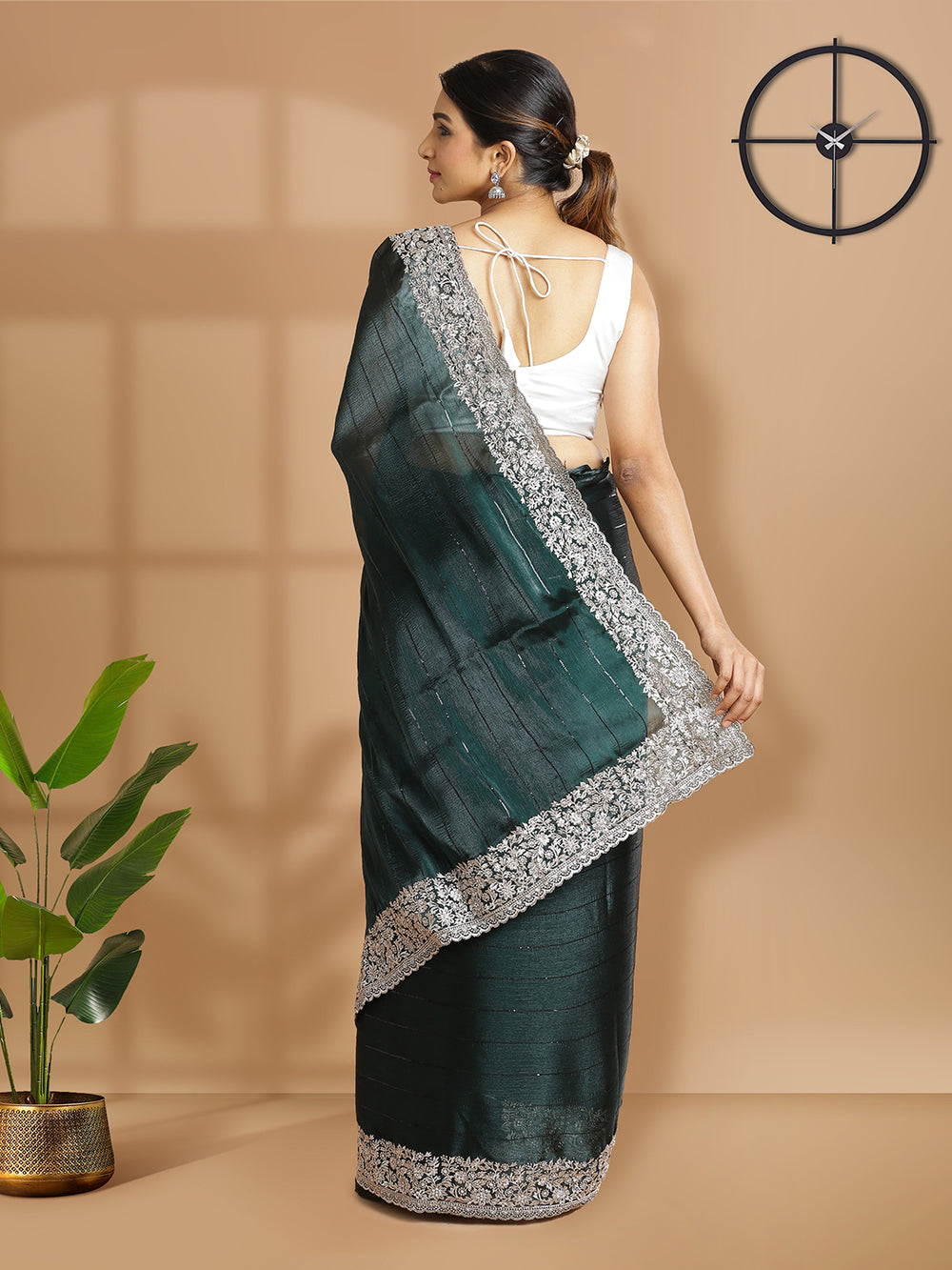 Bottle Green Organza Tissue Saree With Horizontal Sequence Stripes Over Body