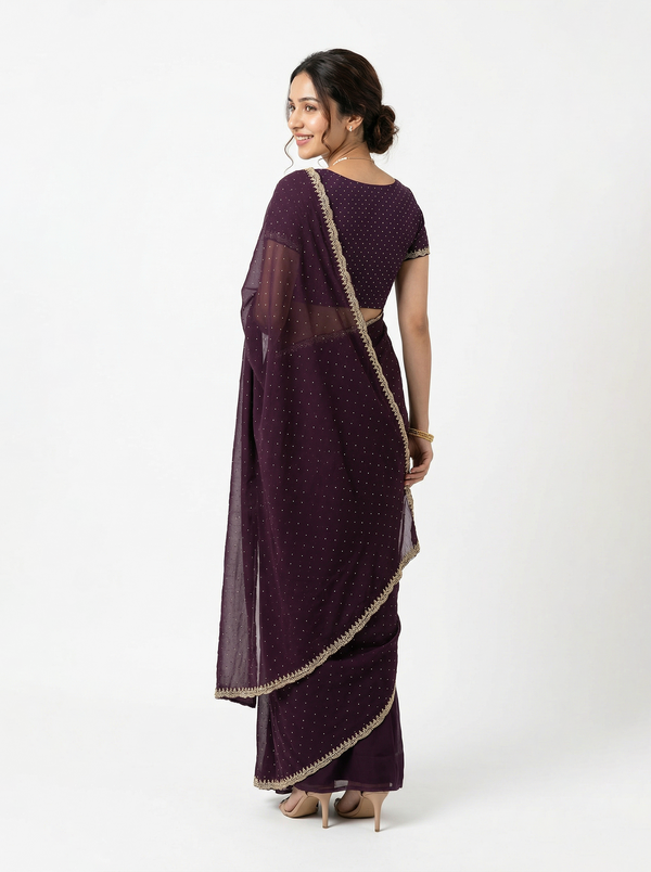Georgette Wine Purple Stone Studded Saree with Pearl Beaded Border